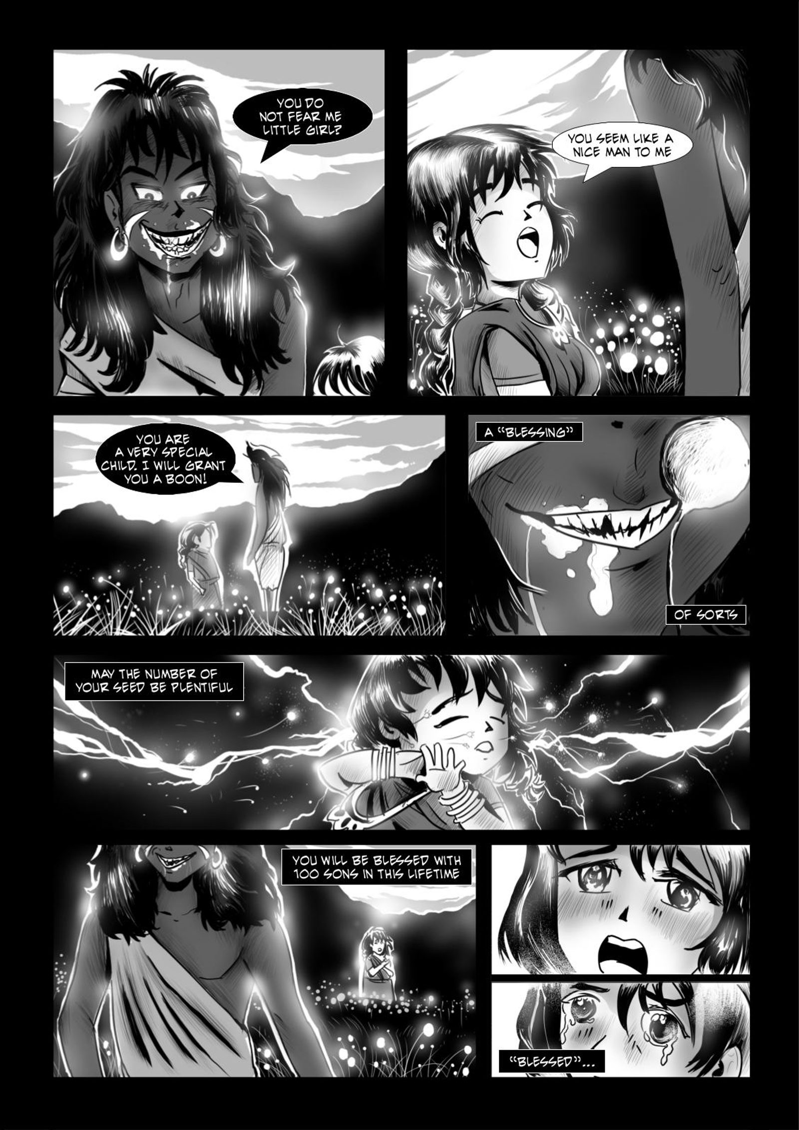 A page from Duryodhana Purana — a mysterious figure grants young Gandhari a boon: one hundred sons.